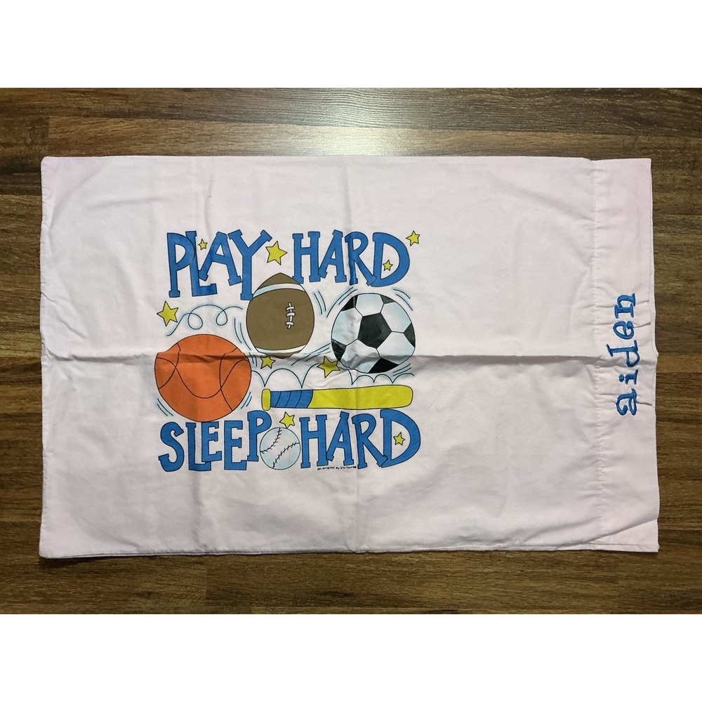 Light Pink Play Hard Sleep Hard Sports Standard Pillowcase "AIDEN" Embroidered